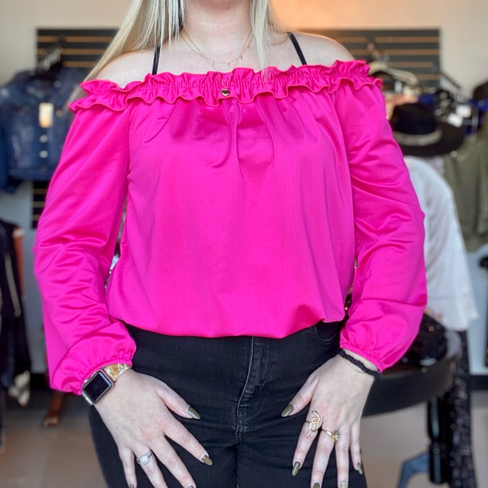 Pink satin off shoulder top